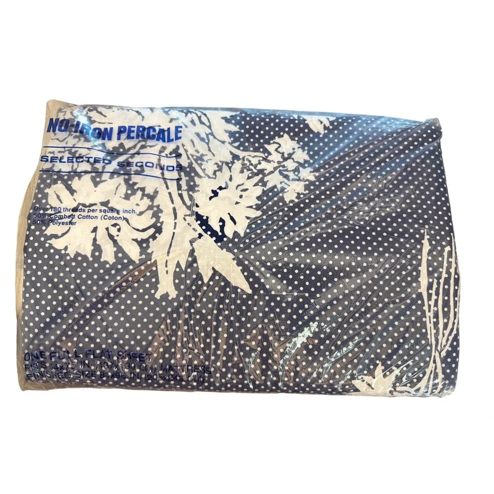 Vintage Salestex Full Flat Sheet Navy Polka Dot Floral Cottagecore Retro MCM